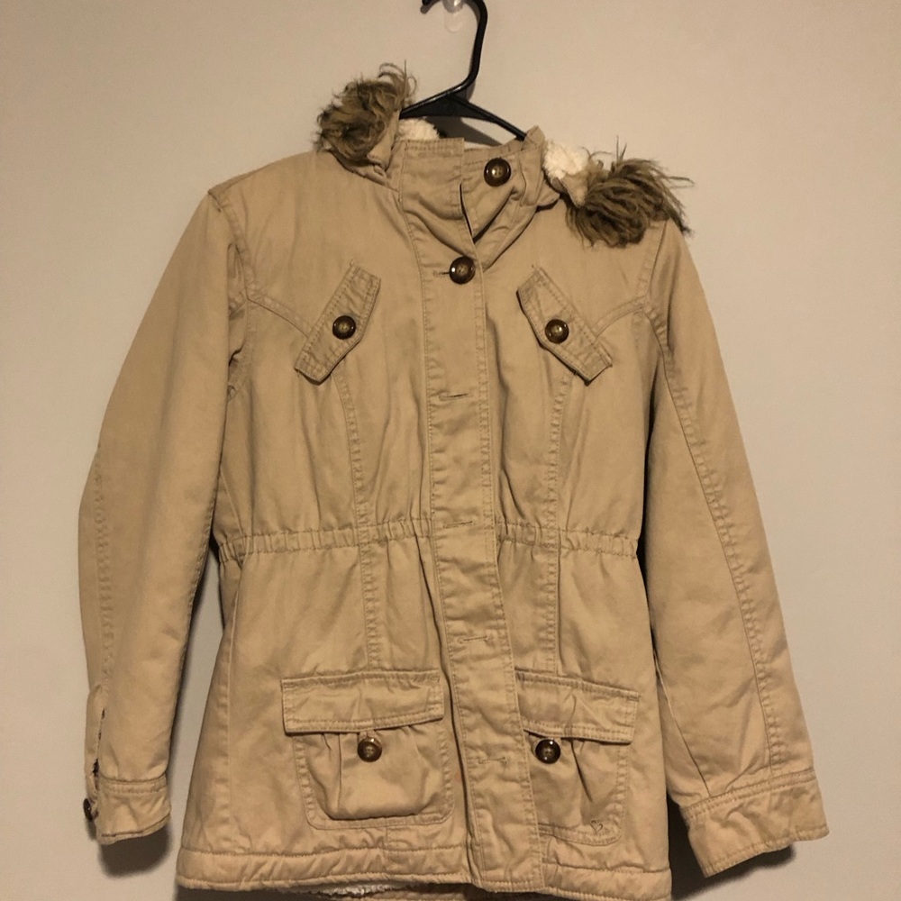 Women's Tan Jacket with Faux Fur Trim
